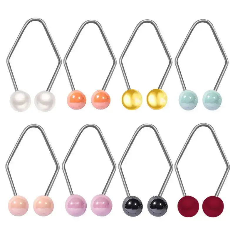 Collection of colorful pearl-like stud earrings with hexagonal wire hooks.