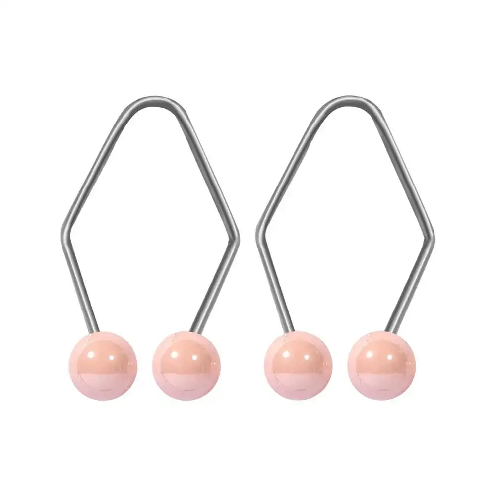 Pair of silver earrings with pink pearl-like beads.