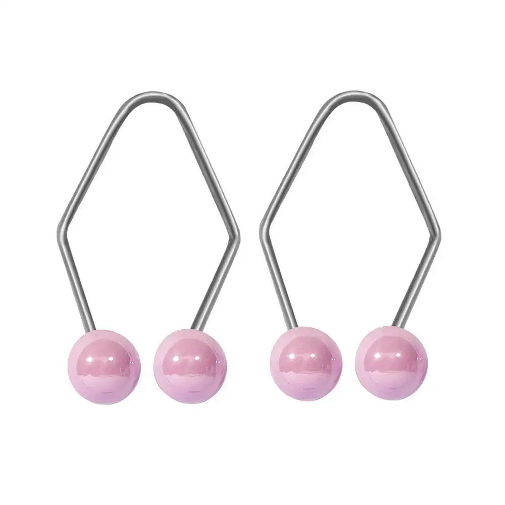 Two silver-colored wire hooks with pink spherical beads at their ends.