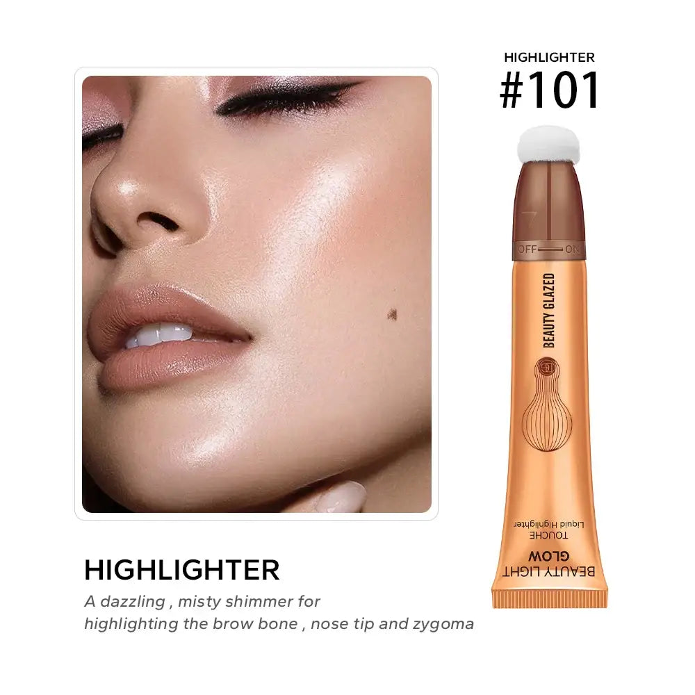 Makeup highlighter product with a close-up of glowing skin demonstrating its effect.