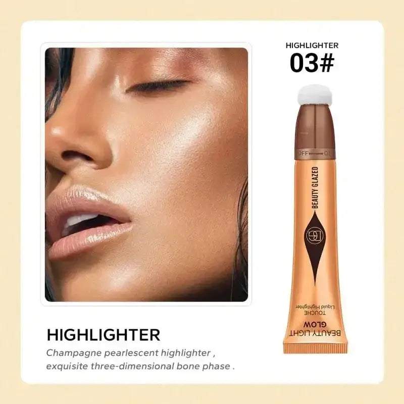 Highlighter makeup product in a golden tube with accompanying close-up image showcasing its effect on skin.