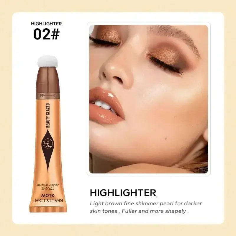 Highlighter makeup product in a tube with a corresponding close-up facial image showcasing its effect.