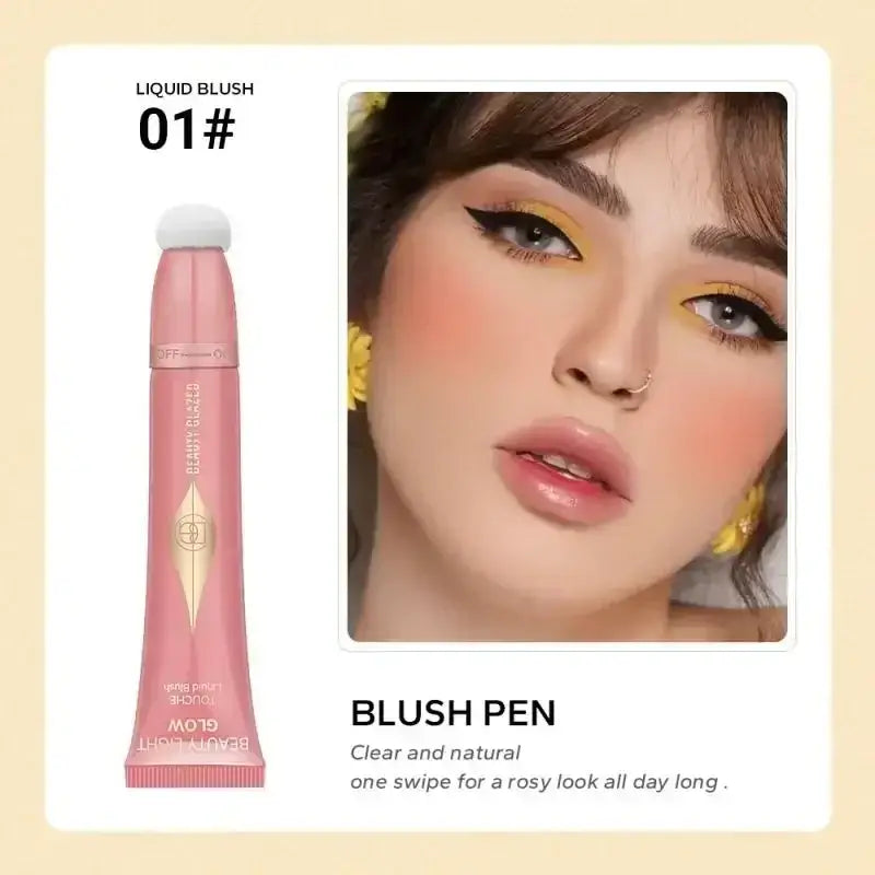 Pink liquid blush product in a tube alongside a makeup application demonstration image.