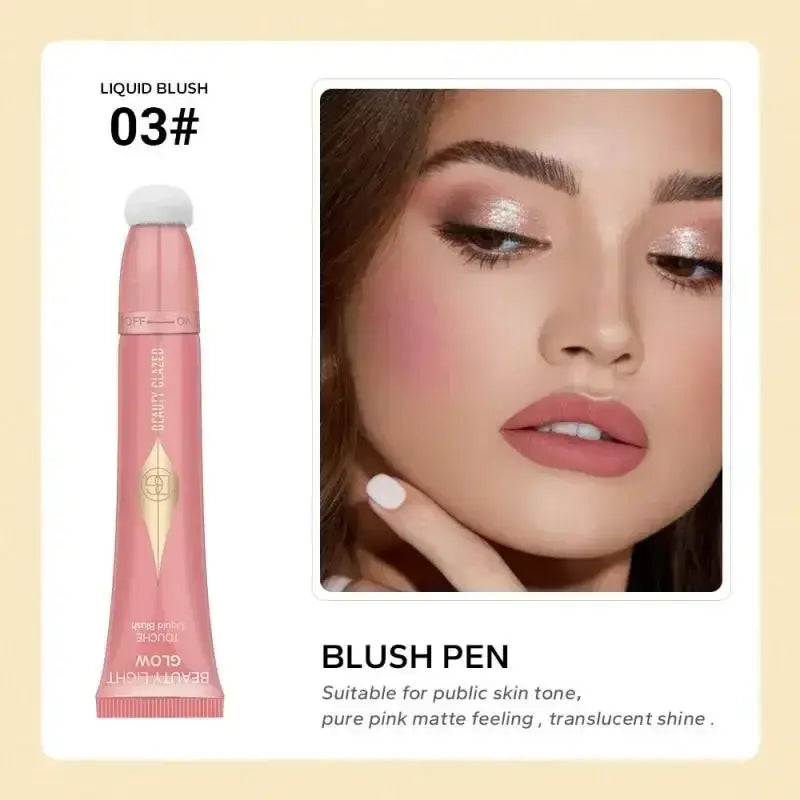 Pink liquid blush product in a tube alongside a makeup application demonstration.