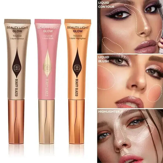 Makeup product tubes alongside close-up facial images demonstrating contouring, blush, and highlighting techniques.