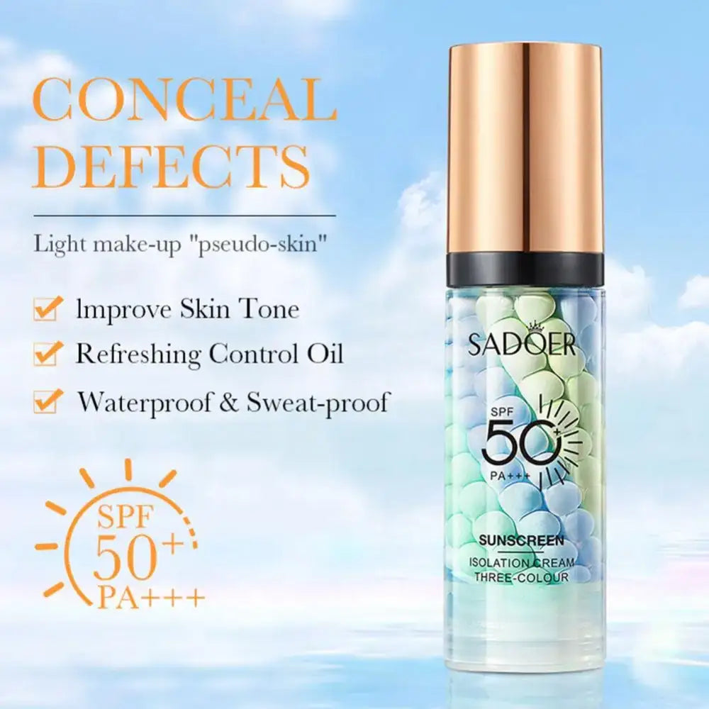 Bottle of Sadqer sunscreen with SPF 50+ and skin-improving claims.