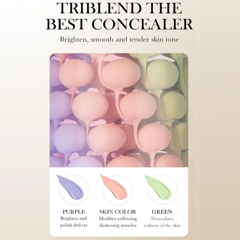 Cosmetic concealer palette with teardrop-shaped color swatches in purple, pink, and green tones.