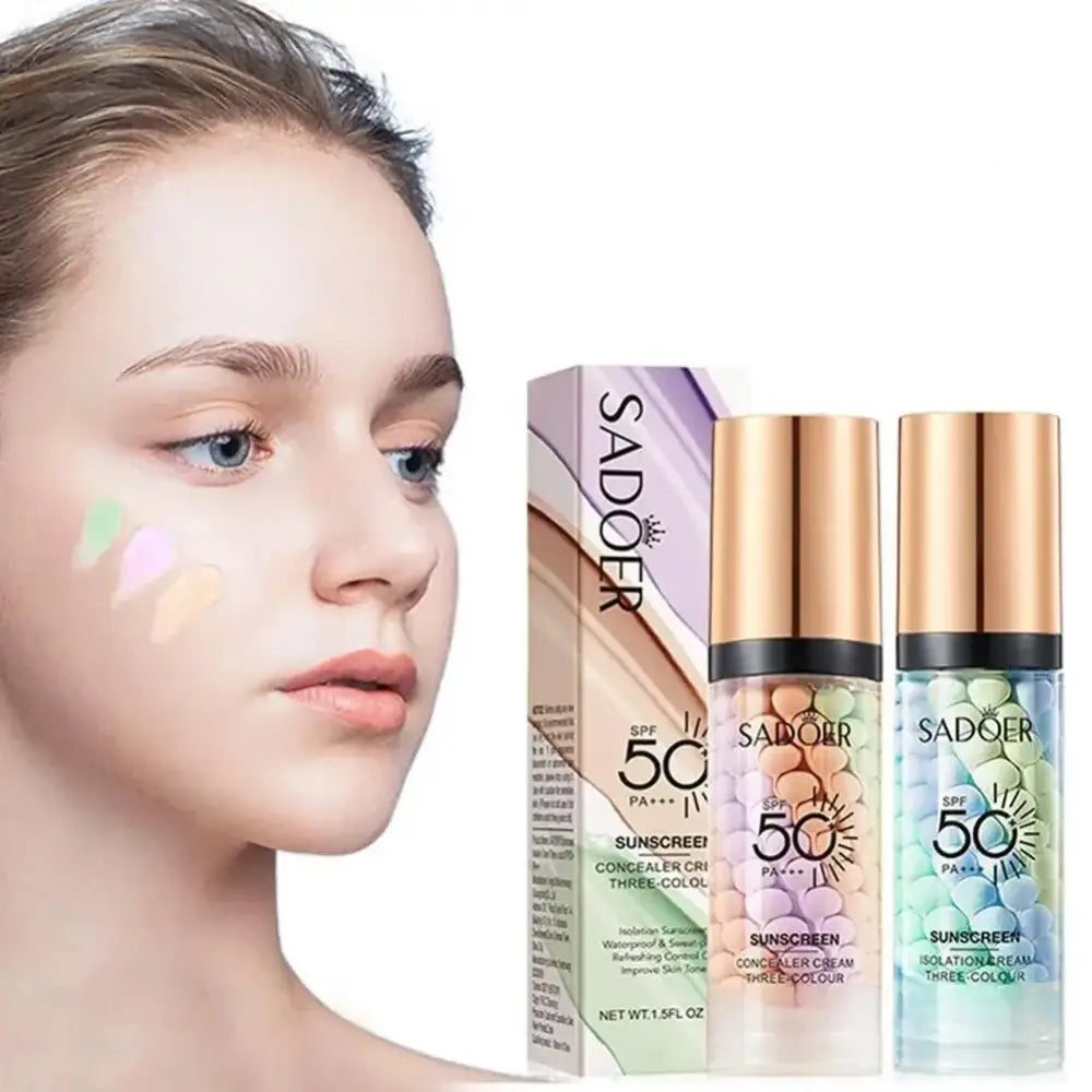 Cosmetic product bottles with holographic effects next to a woman’s face.