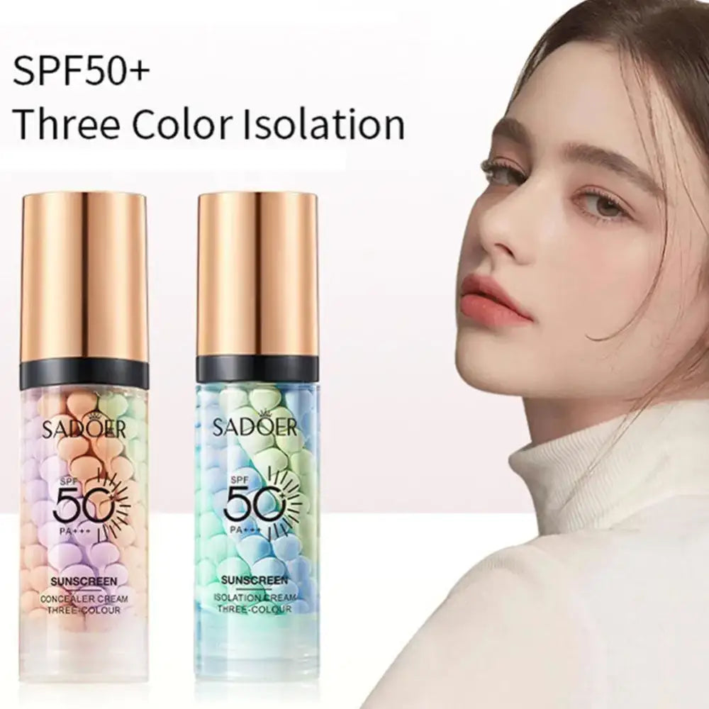 Sunscreen product advertisement featuring two bottles of SPF 50+ sunscreen in different colors alongside a model’s face.