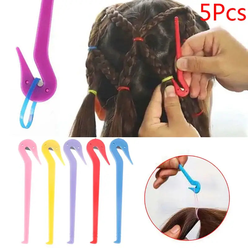 Colorful plastic hair styling tools shaped like hooks for creating braids and hairstyles.