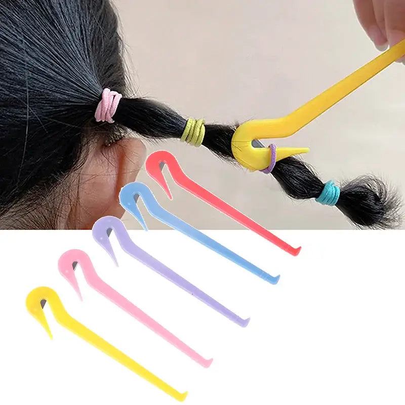 Hair styling tool with a hook-shaped end for creating braids or ponytails.