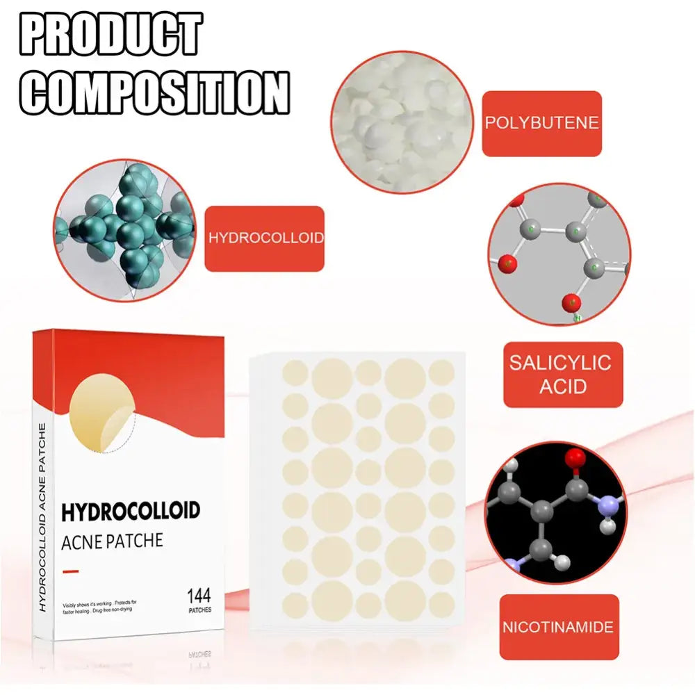 Box of hydrocolloid acne patches with 144 patches and an illustration of their product composition.