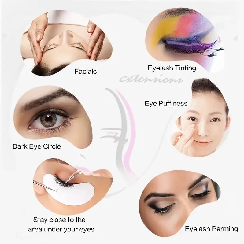 Collage of beauty treatments focusing on facial and eye care procedures.