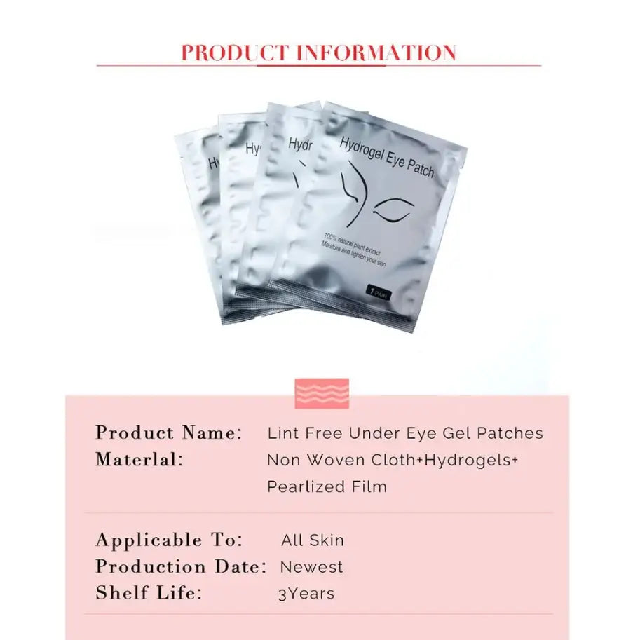 Lint-free under eye gel patches packaged in silver foil pouches.