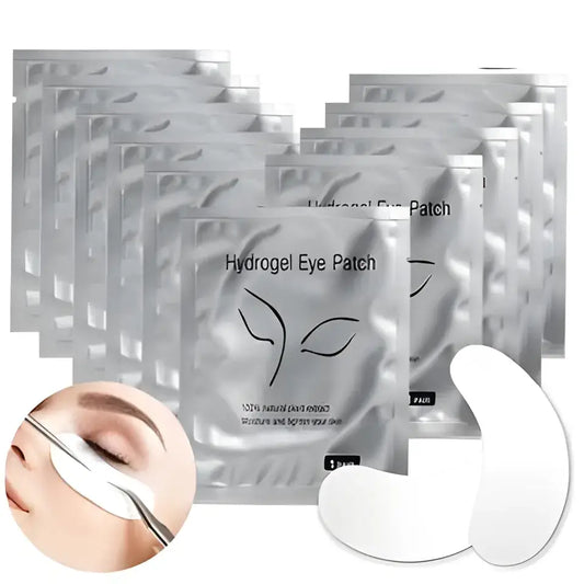 Hydrogel eye patches in silver packaging with a product demonstration inset.