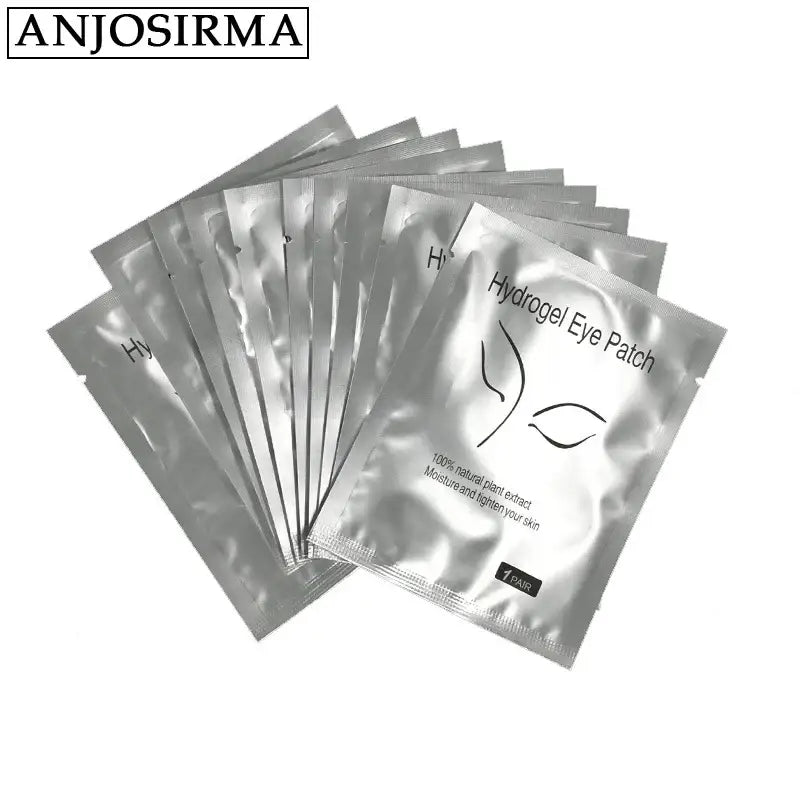 Stack of silver foil packets labeled ’Hydrogel Eye Patch’.