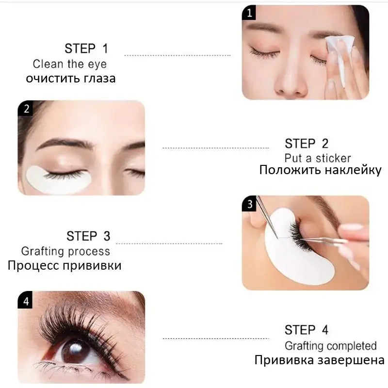 Step-by-step guide for eyelash extension application process.