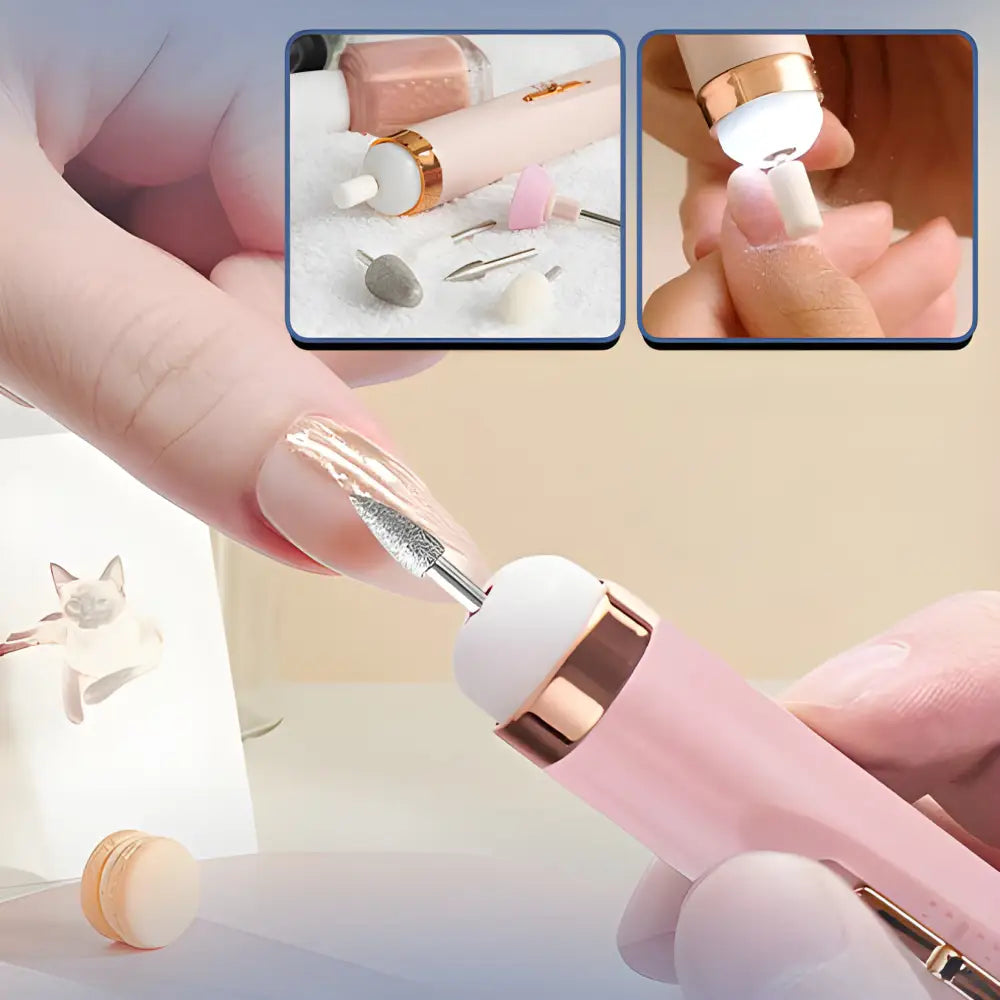 Electric nail file or manicure tool being used on a fingernail.