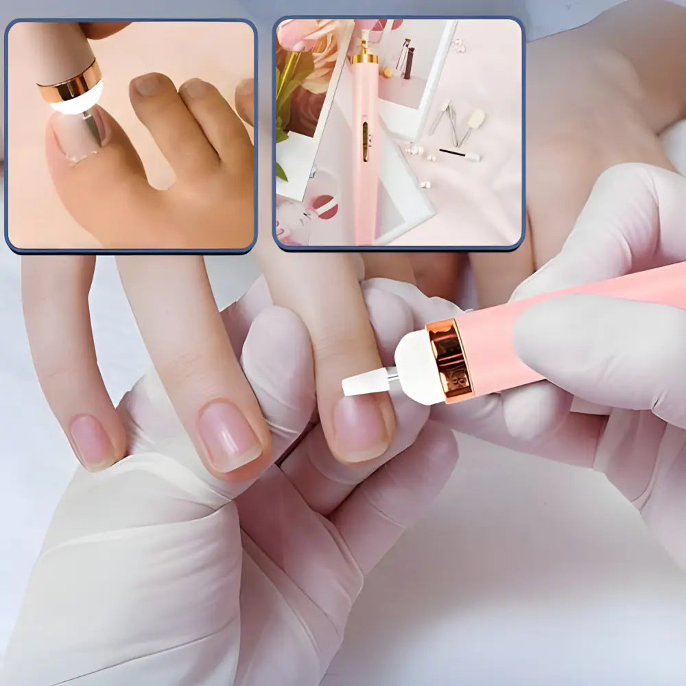 Manicure process showing nail polish application and tools.