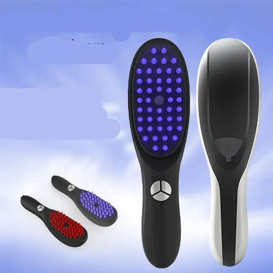 Hair straightening brush with illuminated bristles and a sleek handle design.