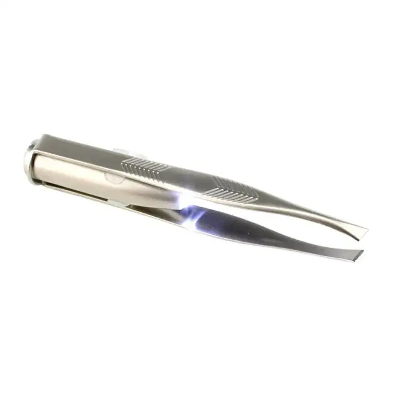 Illuminated stainless steel tweezers with a blue light between the tips.