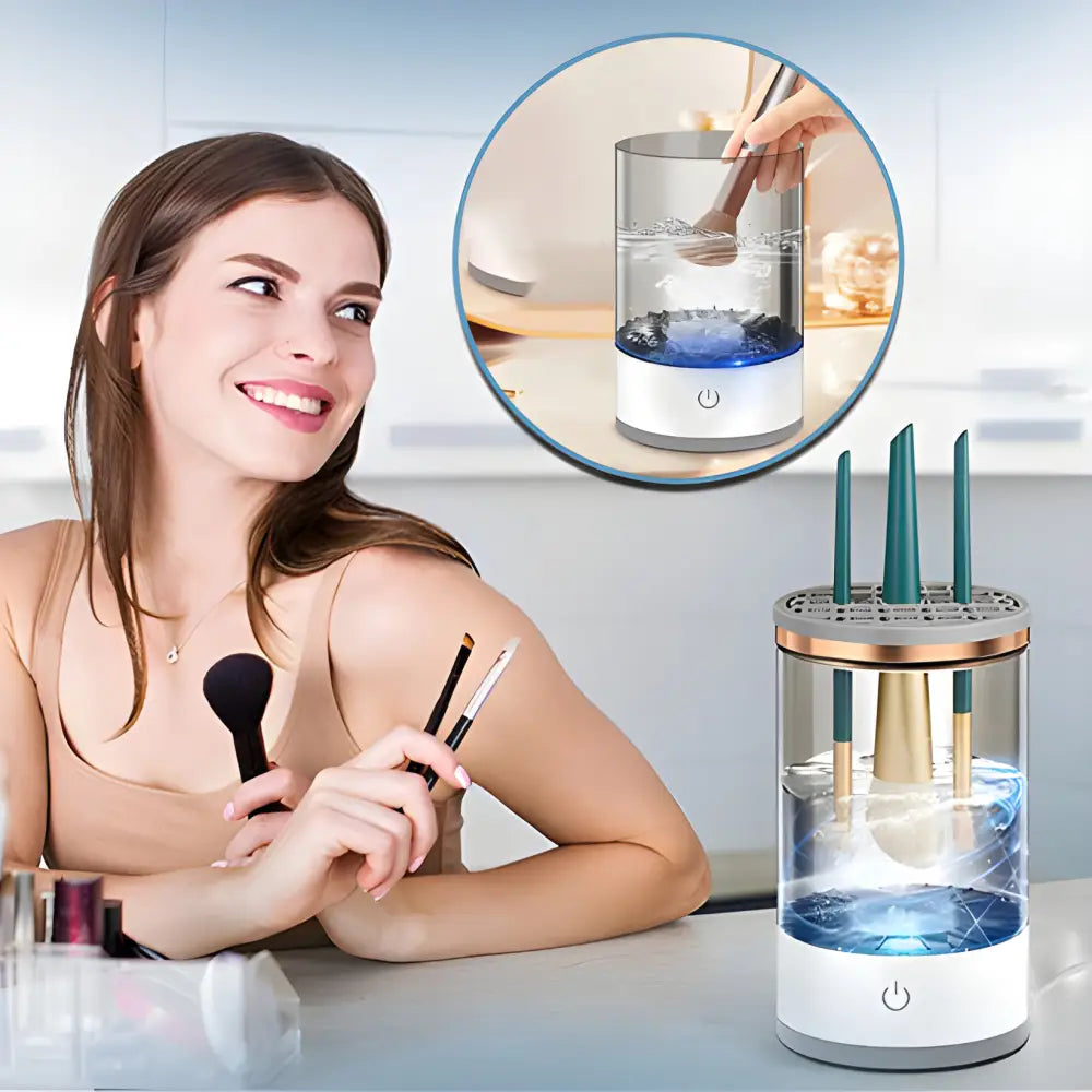 Makeup brush cleaner and sanitizer device with a clear container for cleaning solution.