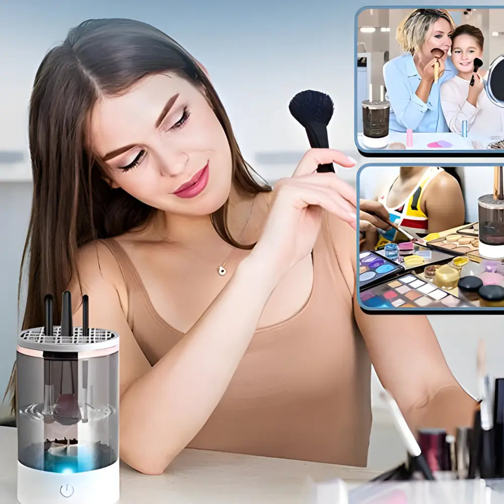 Woman applying makeup with a brush while seated at a vanity.