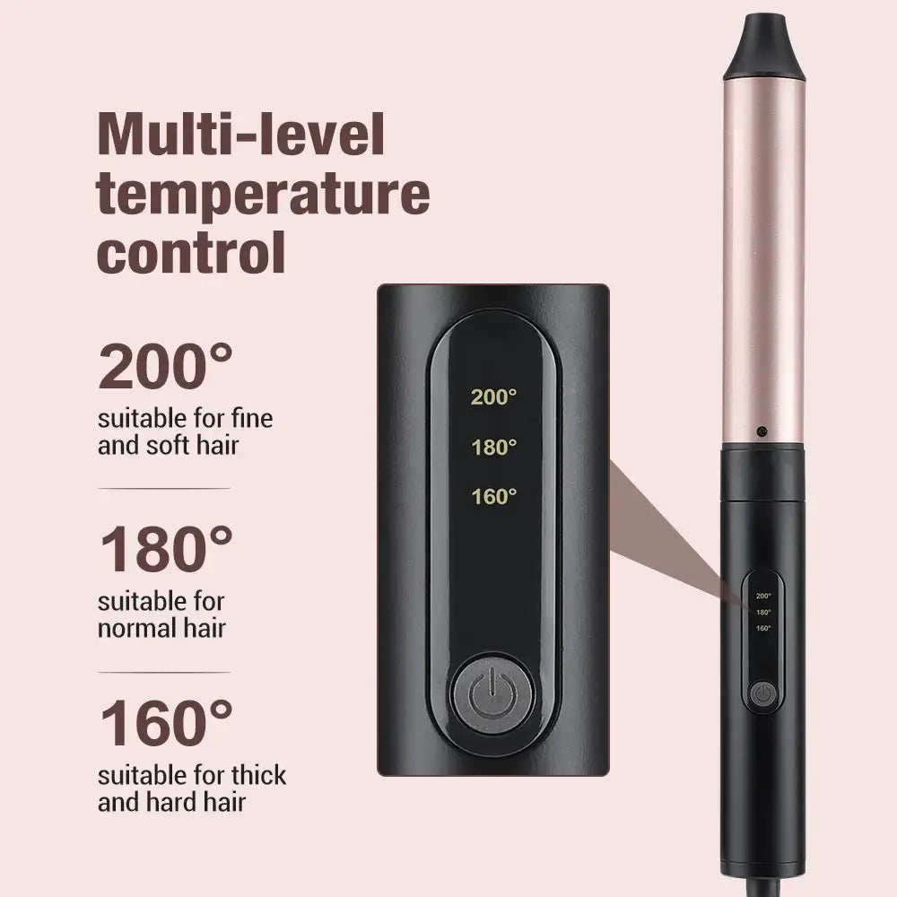 Hair styling tool with adjustable temperature settings for different hair types.