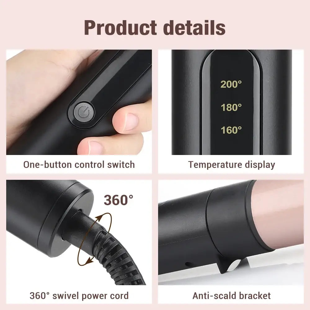 Hair styling tool with temperature control and swivel cord functionality.