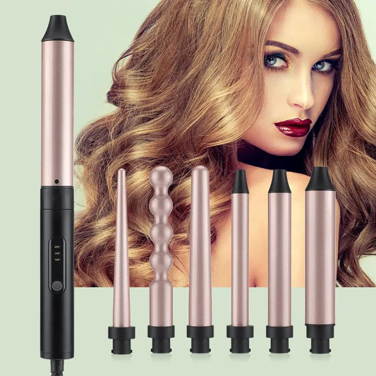 Hair curling wand set with interchangeable barrels of different shapes and sizes.