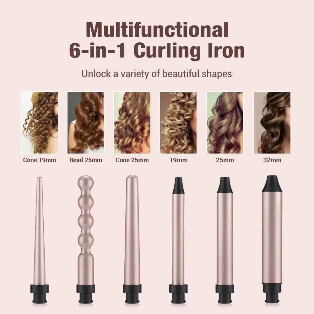 Multifunctional 6-in-1 curling iron with interchangeable barrels for creating various hair curl styles.