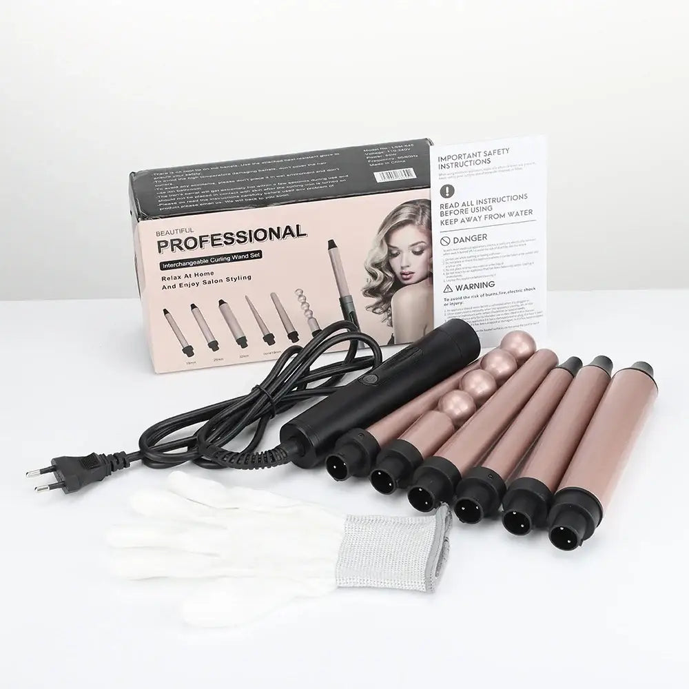 Professional hair curling iron set with multiple interchangeable barrels.