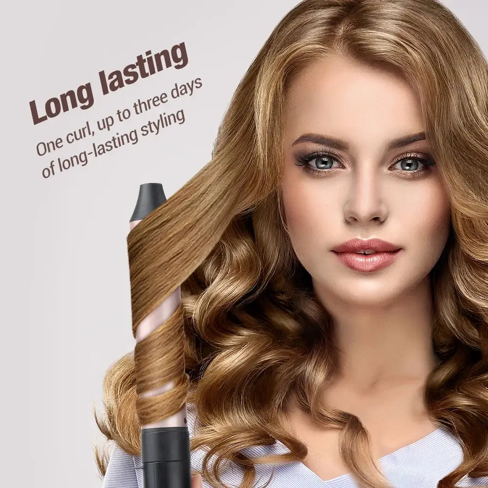 Woman with long, wavy blonde hair and makeup advertising a long-lasting hair styling product.