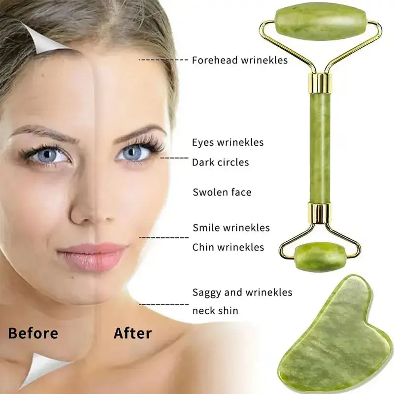 Jade roller and gua sha tool for facial massage and skincare.