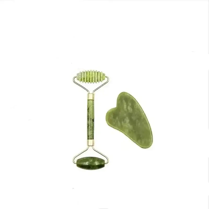 Jade roller and gua sha tool set for facial massage and skincare.