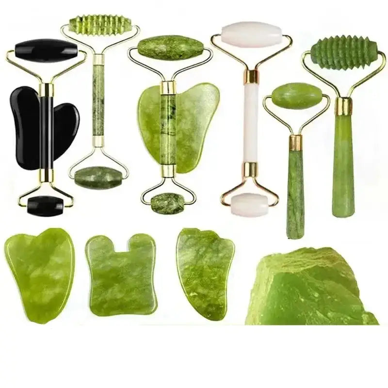 Collection of jade rollers and gua sha tools for facial massage and skincare.