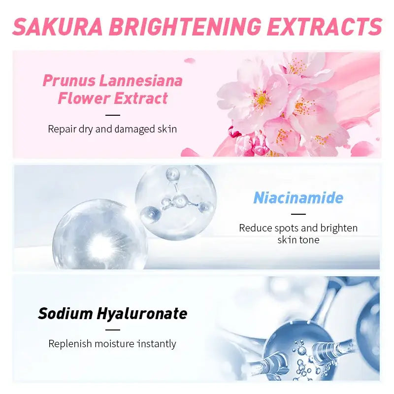 Infographic showcasing three skincare ingredients: Prunus Lannesiana Flower Extract, Niacinamide, and Sodium Hyaluronate, with their respective benefits.