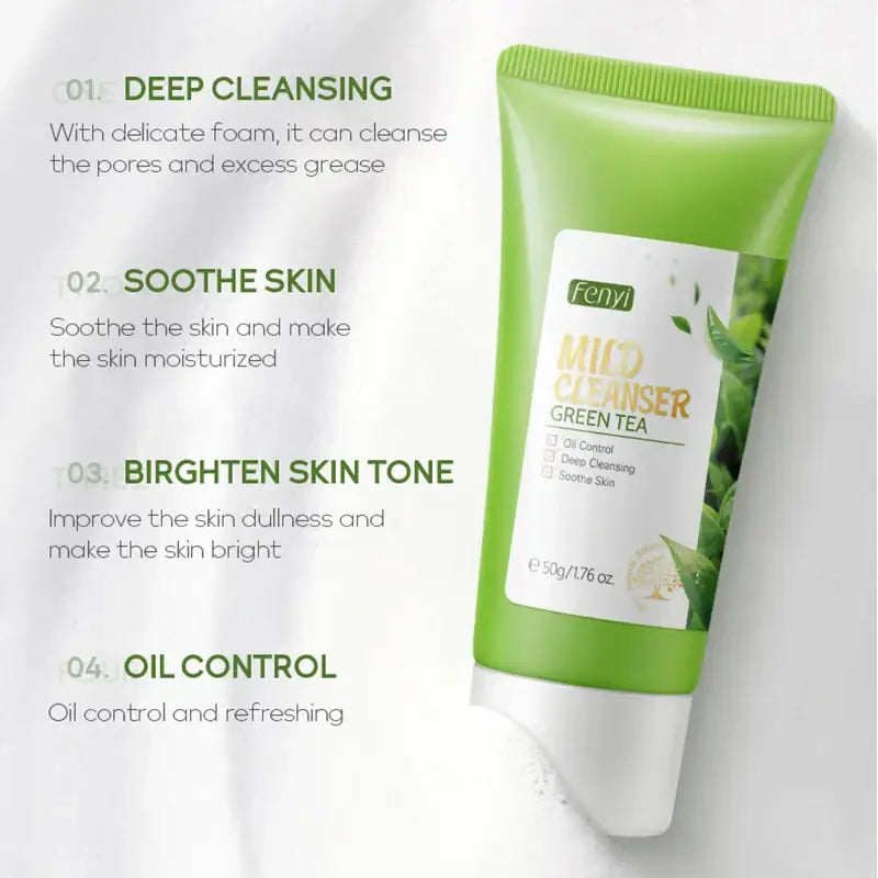 Green tea facial cleanser tube with product benefits listed beside it.