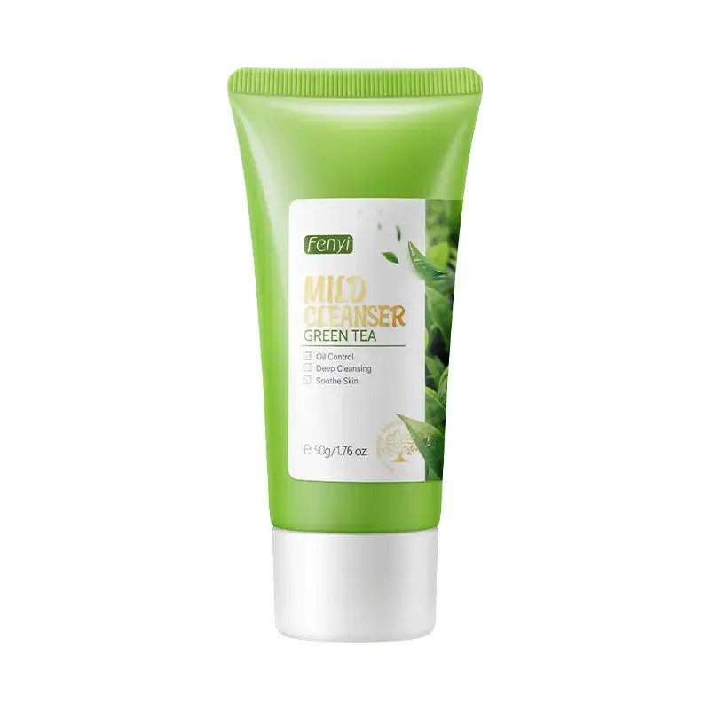 Green tea-based facial cleanser in a light green tube with white cap.