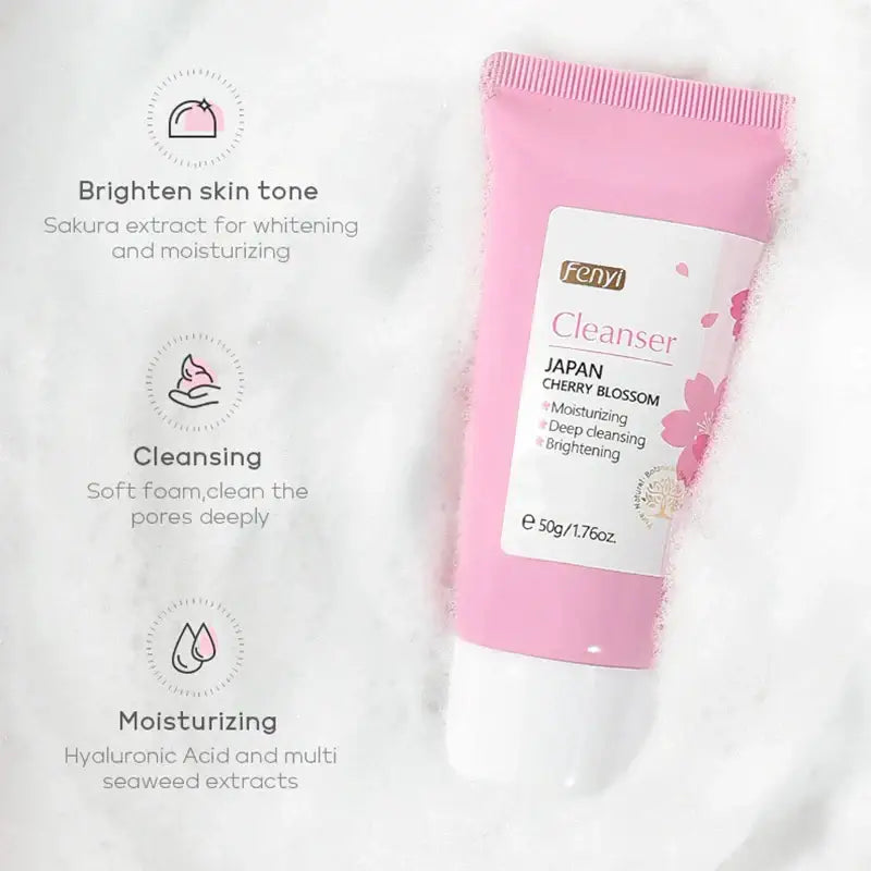 Pink tube of facial cleanser with Japanese cherry blossom extract.