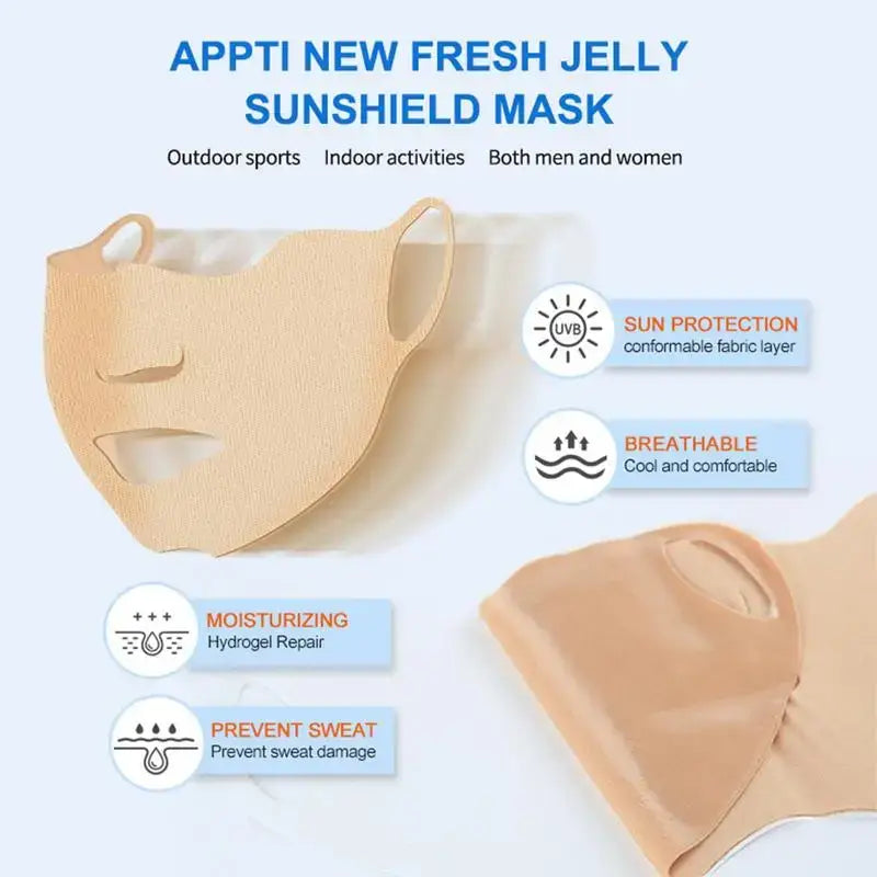 Beige face mask with sun protection and breathable features.