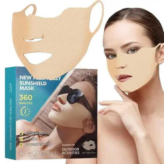 Beige face mask with cutouts for eyes and mouth, shown alongside product packaging and a model wearing the mask.