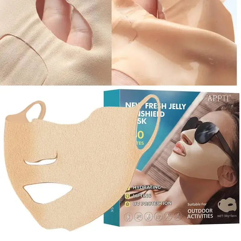 Beige fabric face mask with cutouts for eyes and mouth.