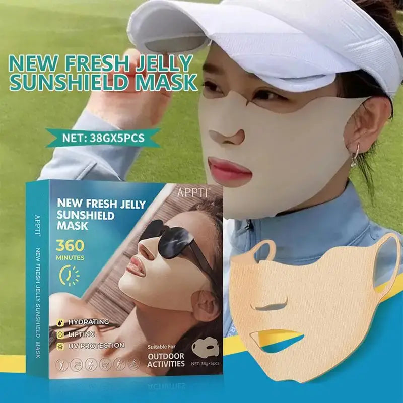 Facial mask product advertisement featuring a person wearing a white jelly-like mask and sunshield.