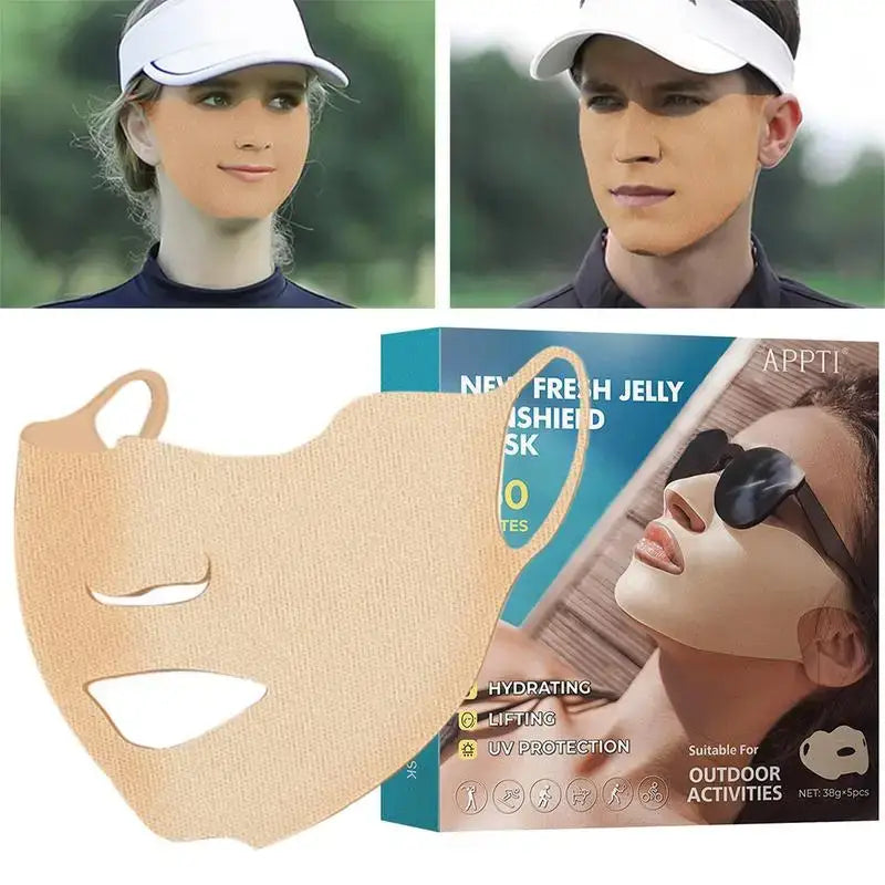 Facial mask or shield made of a jelly-like material for sun protection during outdoor activities.