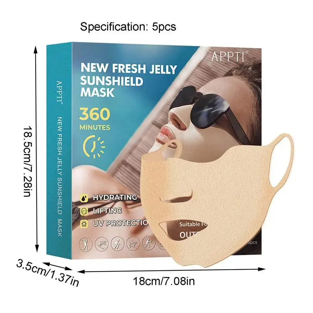 New Fresh Jelly Sunshield Mask product packaging box featuring an image of a person wearing sunglasses and the mask.