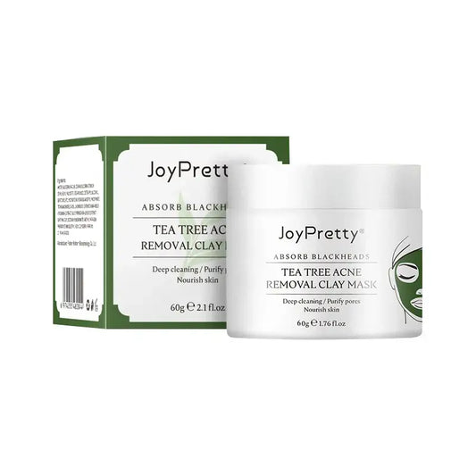 Tea tree acne removal clay mask product by JoyPretty, featuring a white jar and green packaging.