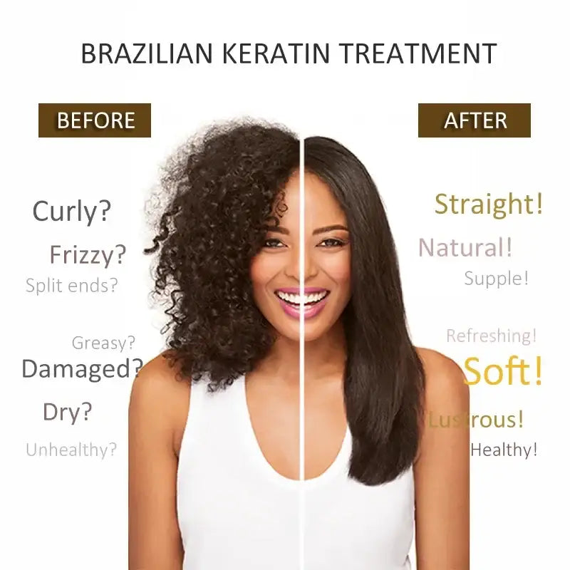 Before-and-after comparison showing the effects of Brazilian keratin treatment on curly hair.