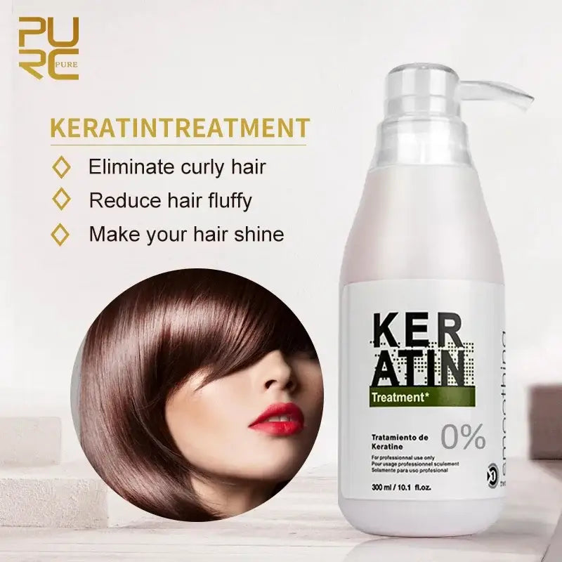 Bottle of keratin hair treatment product with accompanying promotional text and image.