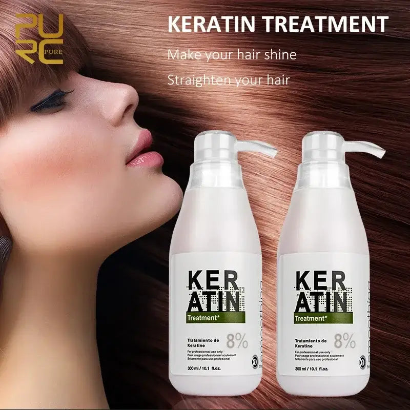 Keratin hair treatment product bottles with accompanying promotional imagery.